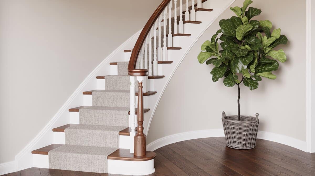Curved staircase with warm walnut handrail and white balusters beside a tall fiddle leaf fig tree in wicker basket