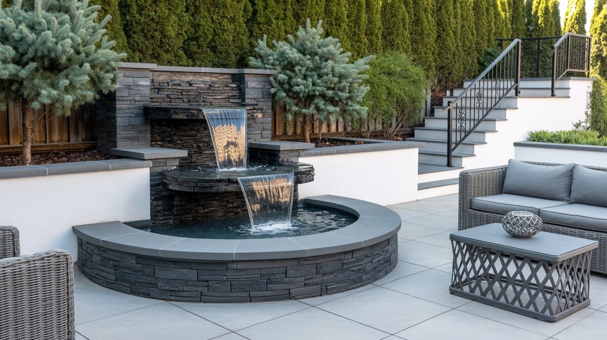 Multi-tier waterfall cascading over dark slate stone into round catch basin on white stucco patio