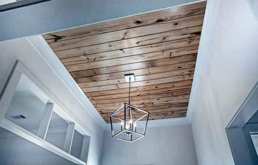 DIY wood shiplap ceiling with geometric shaped chandelier