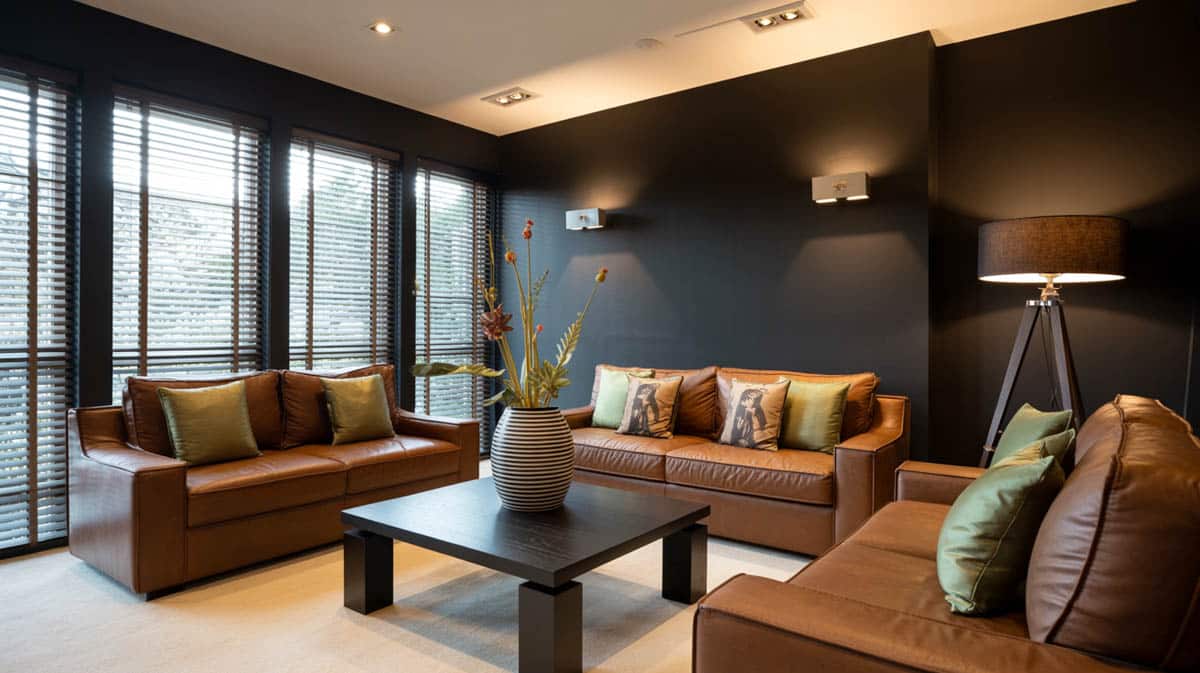 Black walled room with leather sofas