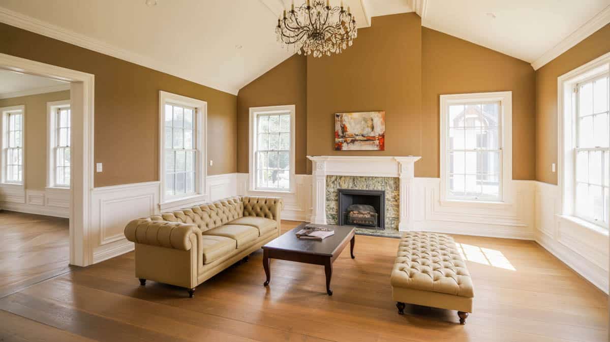 white wainscoting and mustard walls with tufted couch