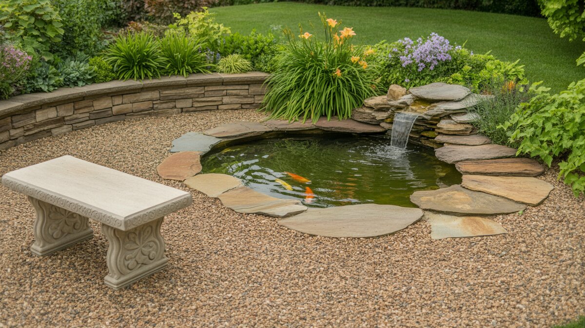 Koi pond with flat stone surround and small waterfall on gravel patio with garden bench and flowers