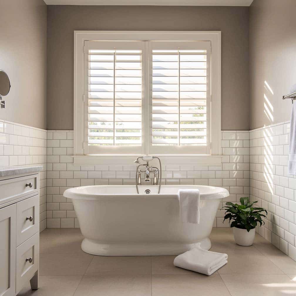 Classic subway tile lower wall treatment with gray upper walls, plantation shutters, and a freestanding tub