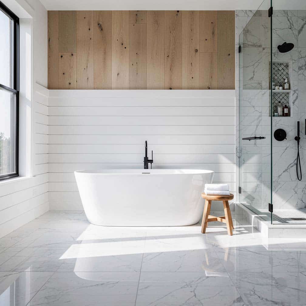 Wide horizontal shiplap planks along tub wall with polished marble floors and accent tile shower