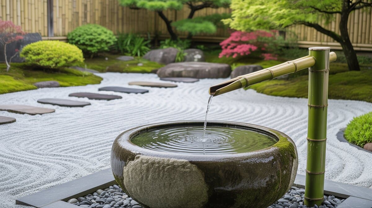 Japanese zen garden with bamboo shishi-odoshi spout filling granite stone basin over raked white gravel