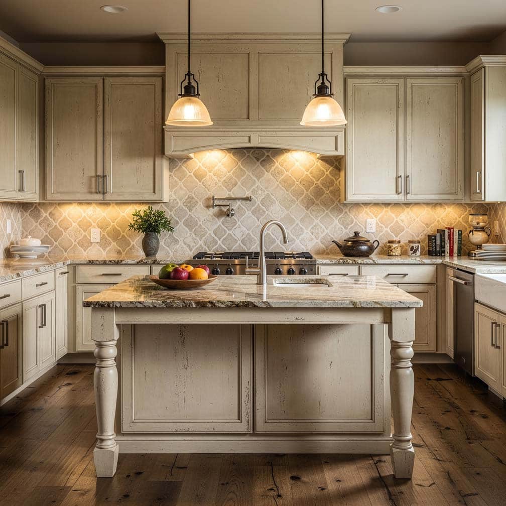Kitchen with arabesque tile backsplash, distressed cabinets and granite island