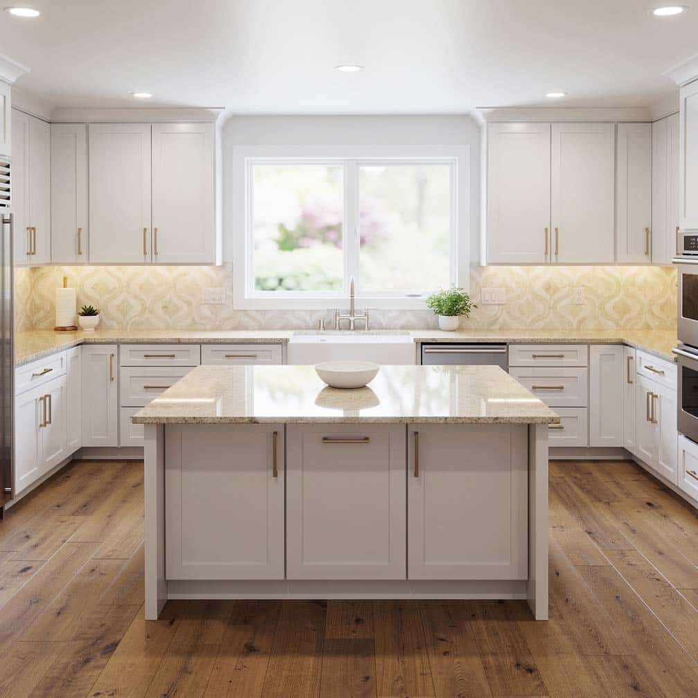 Kitchen with arabesque backsplash and white cabinets with beige granite island