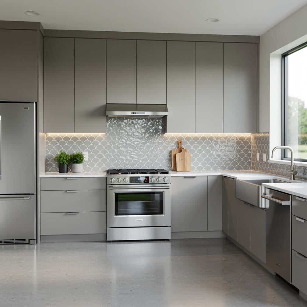 Kitchen with gray arabesque tile backsplash