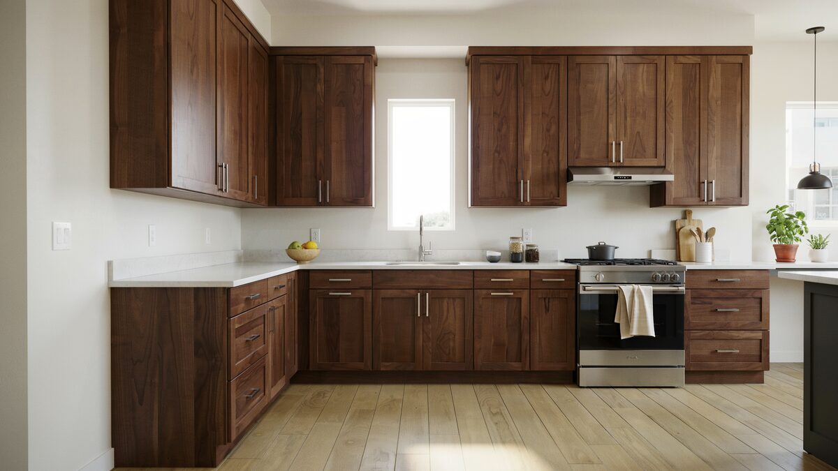 Dark stained hickory cabinets contrasting with pale light laminate wood flooring