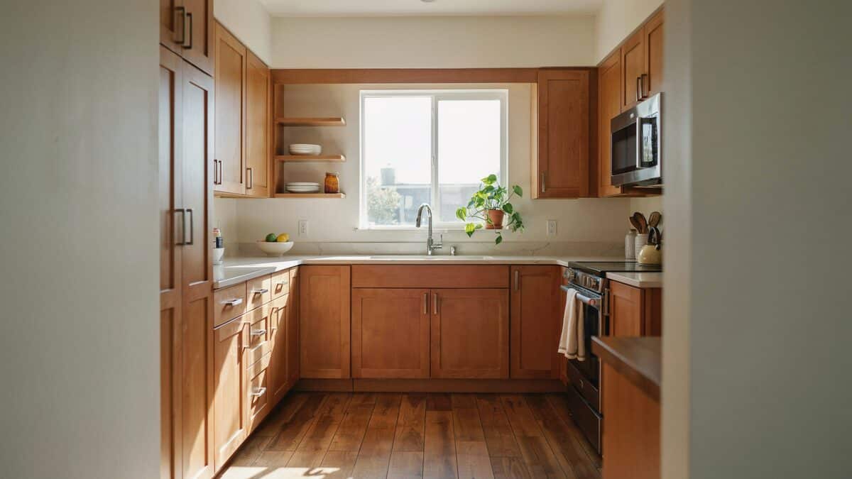 Golden hickory cabinets above medium wood look laminate flooring in bright kitchen