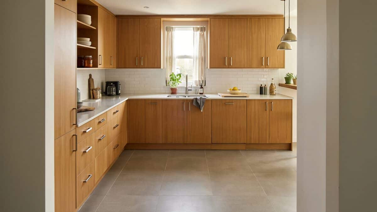 Hickory cabinets over neutral gray tile flooring in a modern kitchen
