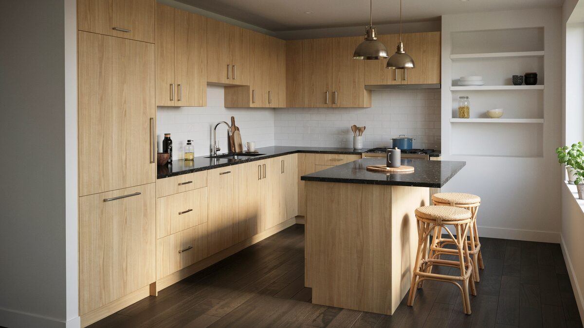 Light hickory cabinets with dark vinyl floors and black granite countertops