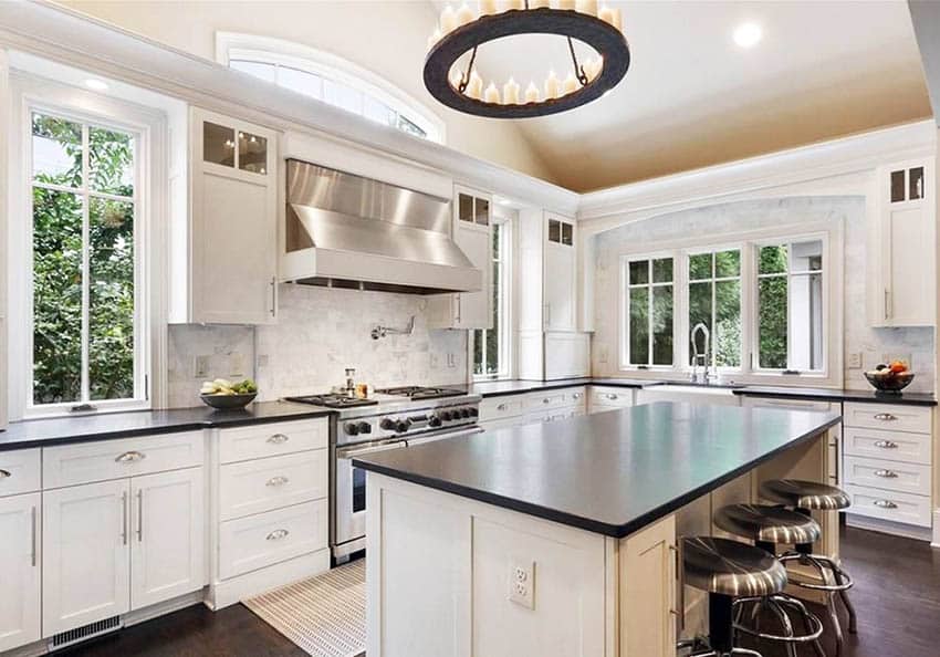 Kitchen with soapstone counters and marble Carrara backsplash