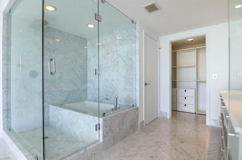 Large quartz shower with bathtub bench