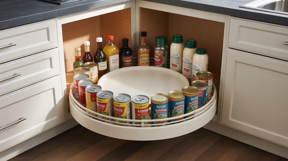 Lazy susan turntable organizer spinning inside a corner kitchen cabinet revealing canned goods and condiments