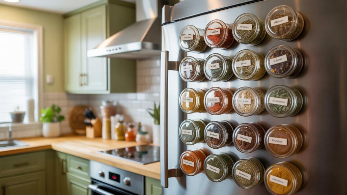 Side of stainless refrigerator covered with round magnetic spice jars filled with labeled dried herbs and spices