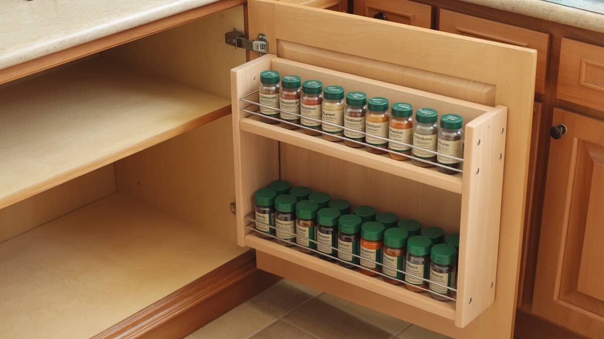 Natural maple three-tier door-mounted spice rack with chrome rails installed inside open kitchen cabinet door