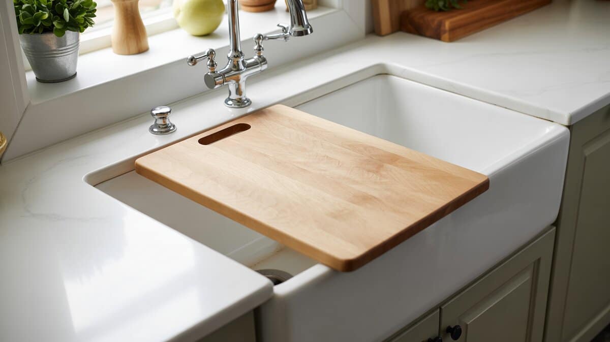 Large maple wood cutting board placed over a farmhouse kitchen sink as a food prep surface
