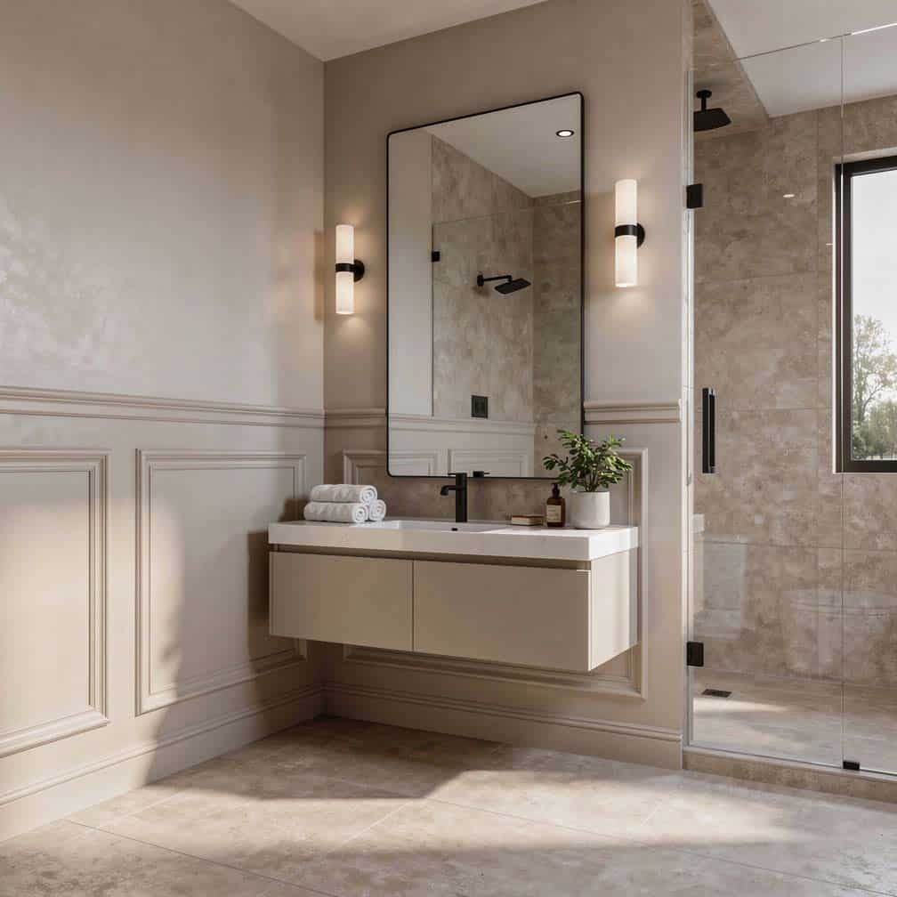 Wall paneling painted the same color as the upper walls for a seamless tonal texture effect