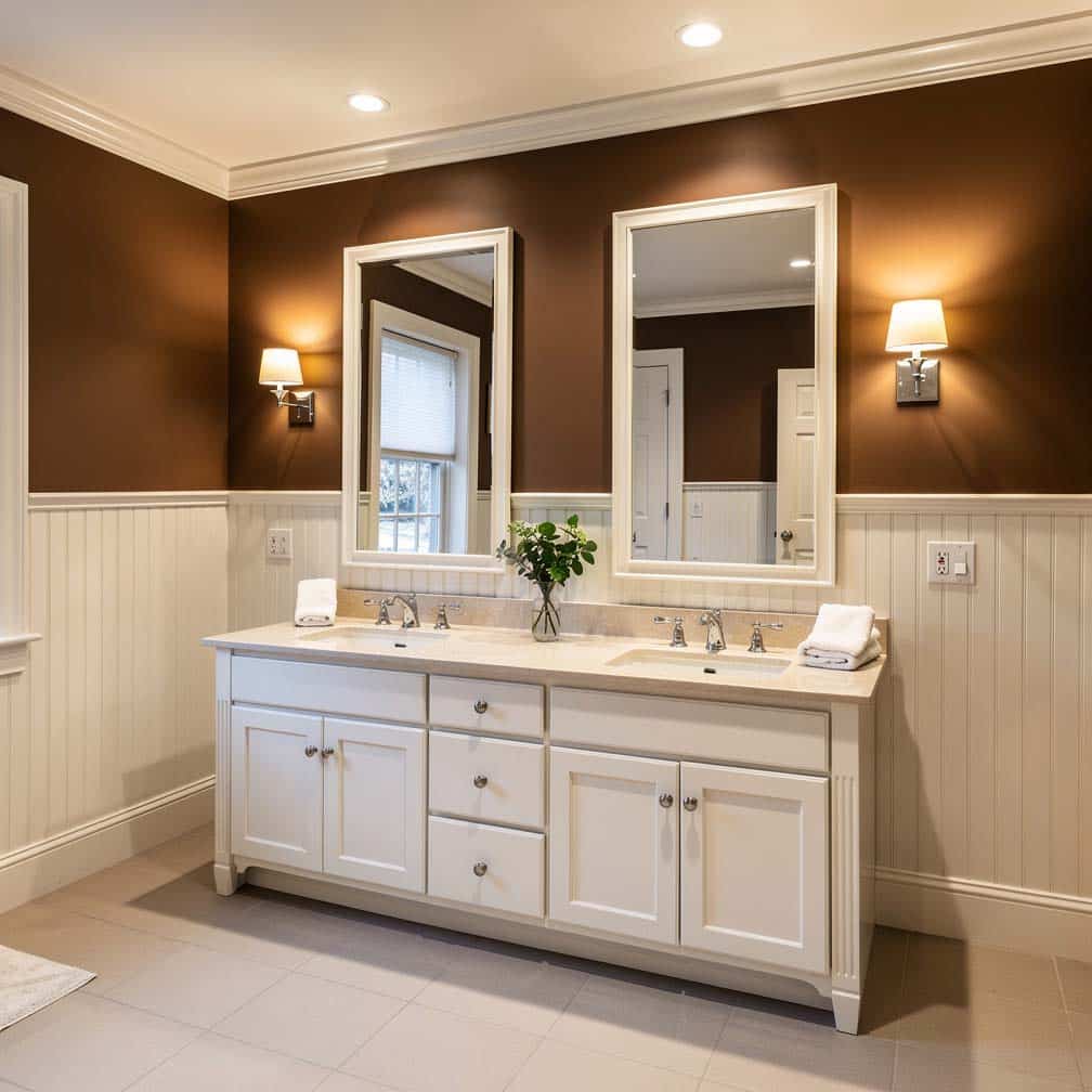 Mid-height beadboard panels with warm brown upper walls and double sink vanity