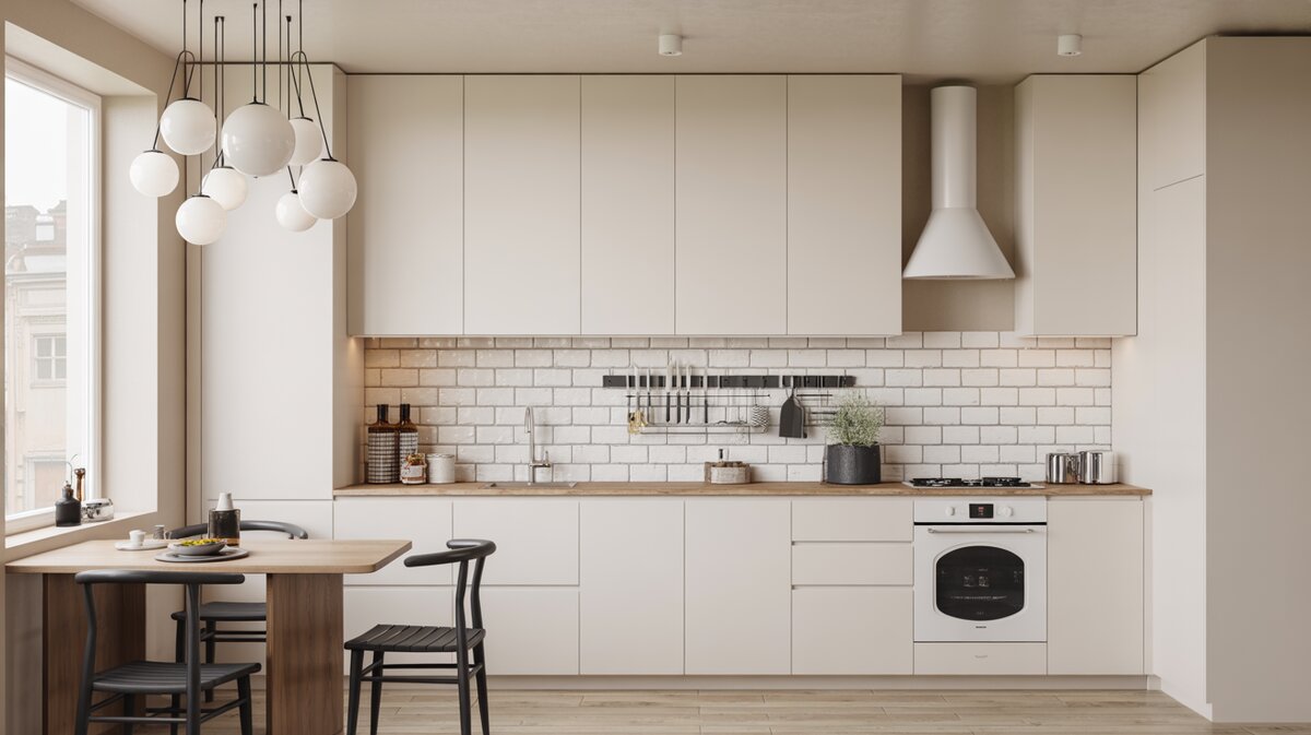 Minimalist Scandinavian white kitchen with handleless cabinets, white globe pendant lights and wood dining table