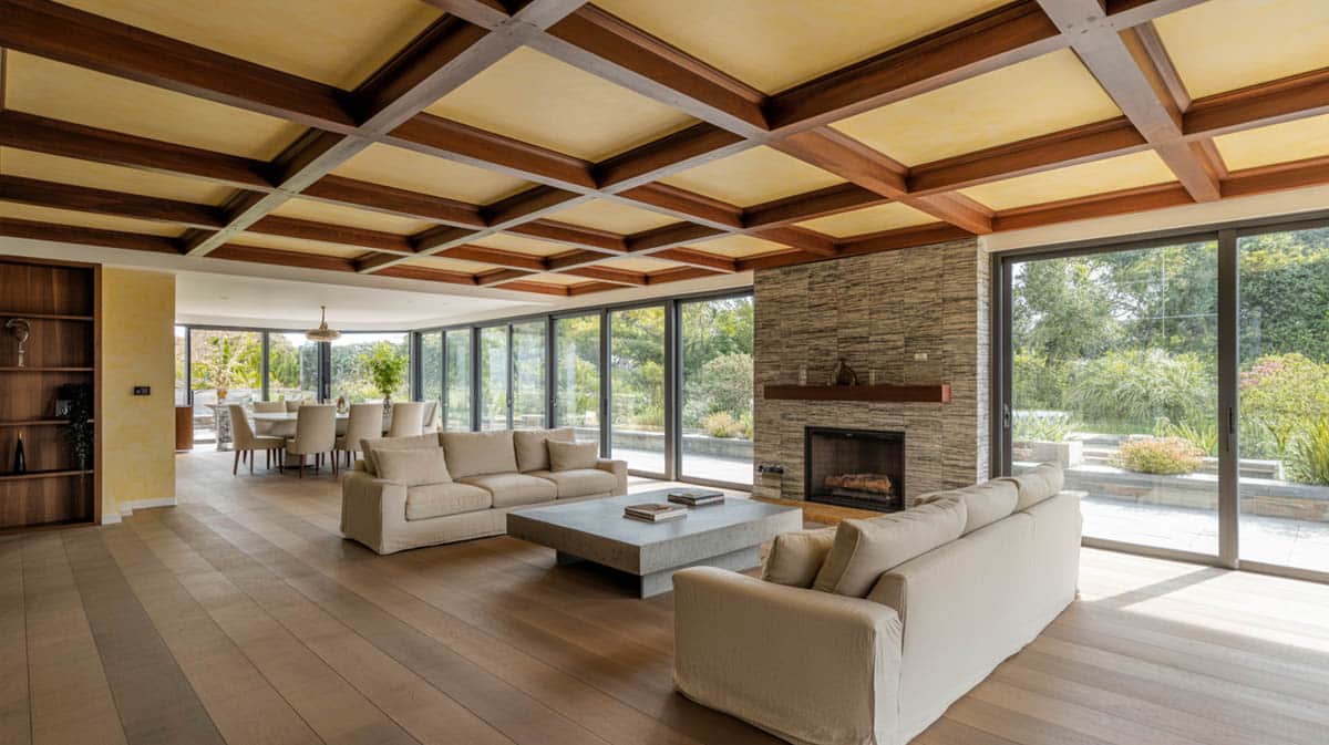 This modern living room space has a warm color palette with an