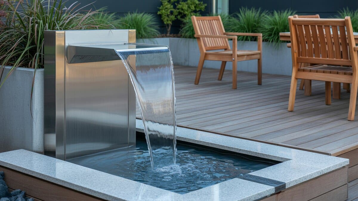 Modern stainless steel sheet waterfall feature on composite wood deck with teak outdoor chairs