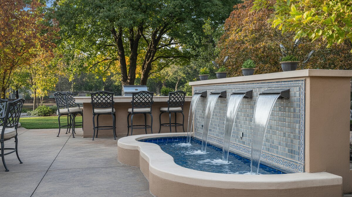 Four-stream sheet waterfall over tile wall with outdoor bar and fall foliage trees
