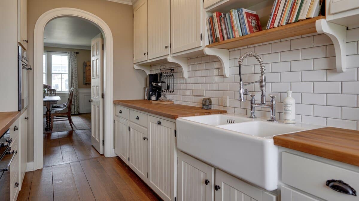 Narrow galley kitchen with white beadboard cabinets, butcher block counters, farmhouse sink and open cookbook shelf