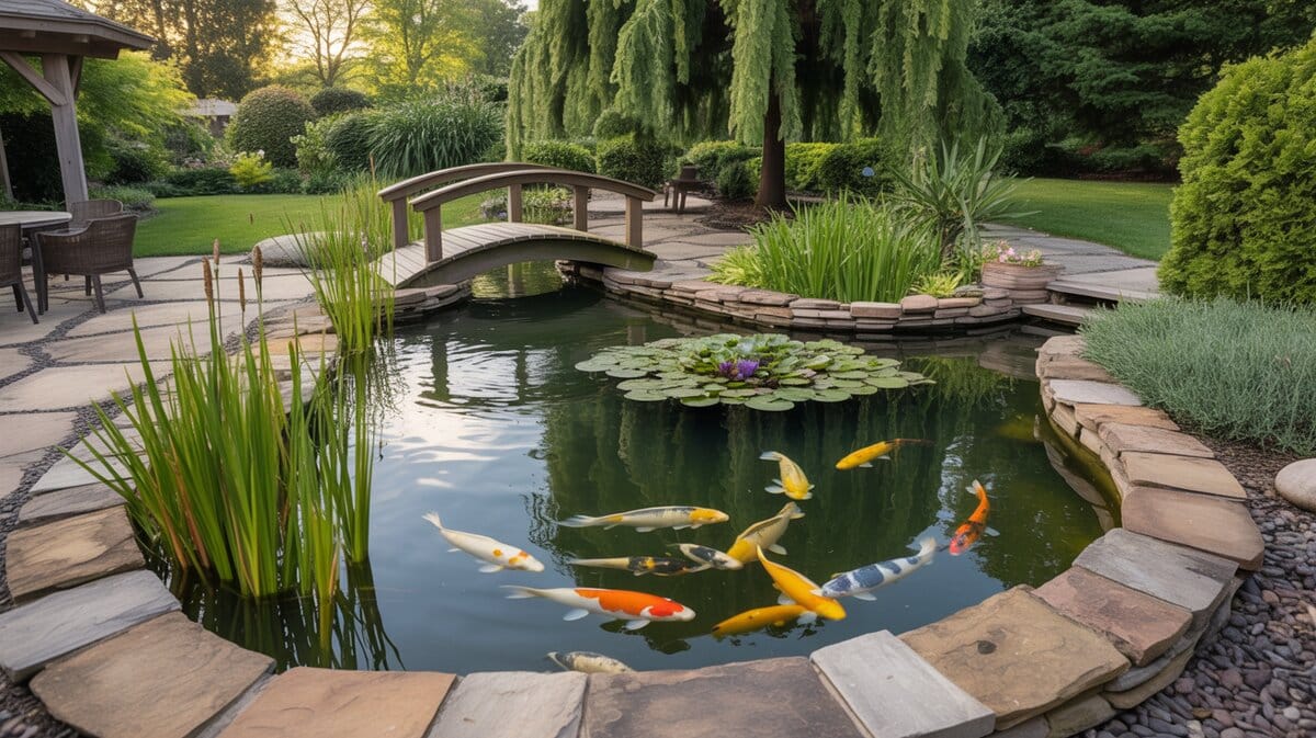 Naturalistic koi pond with arched wooden bridge, weeping willow tree and water lily pads