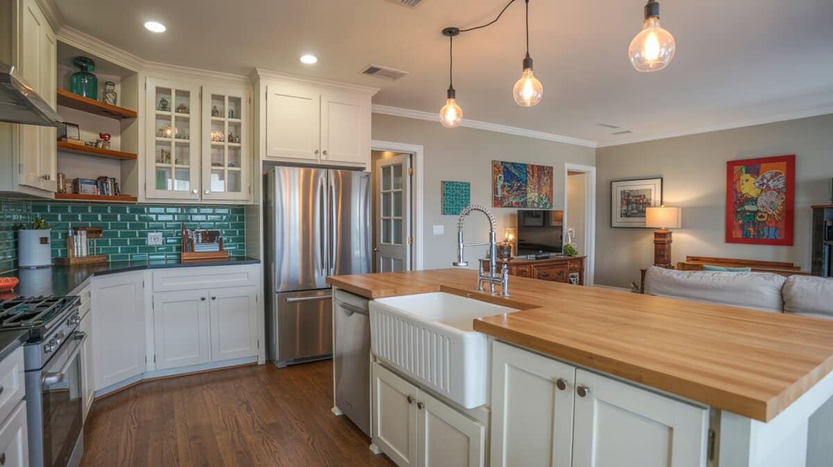 Open kitchen with white flat-front cabinets, butcher block island, apron sink and teal subway tile backsplash