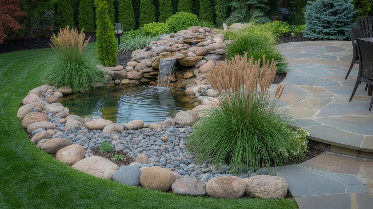 Pondless boulder waterfall cascading into river rock dry creek bed with ornamental grasses