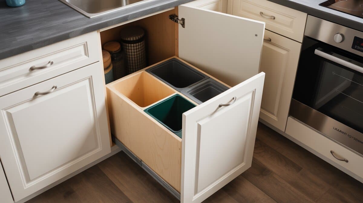 White kitchen cabinet with integrated pull-out wooden trash and recycling bin drawer with two sorting compartments