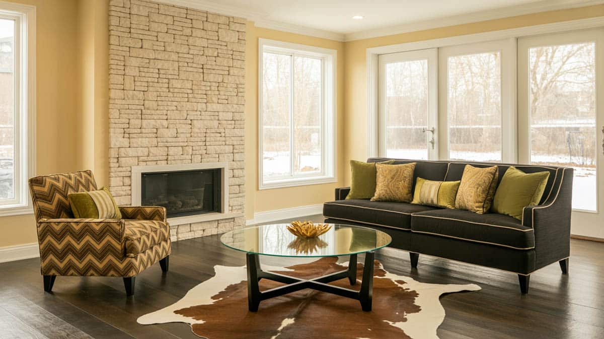 This traditional living room offers a variety of earthy accents