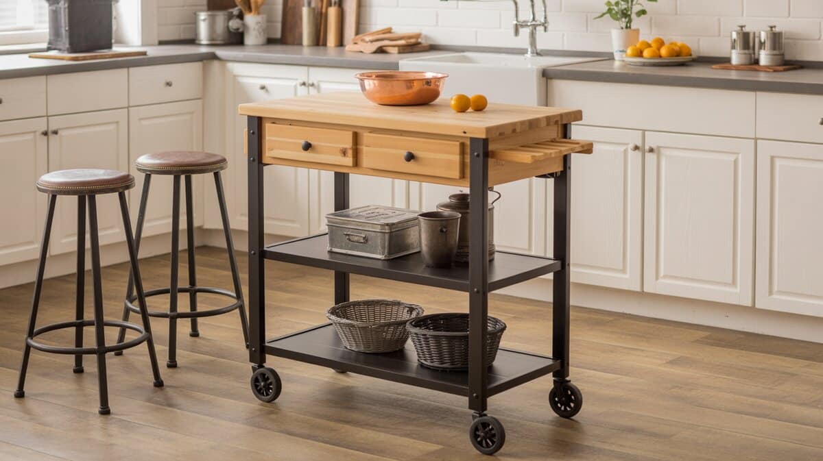 Rustic farmhouse portable kitchen island cart on industrial wheels with pine wood top and bar stools