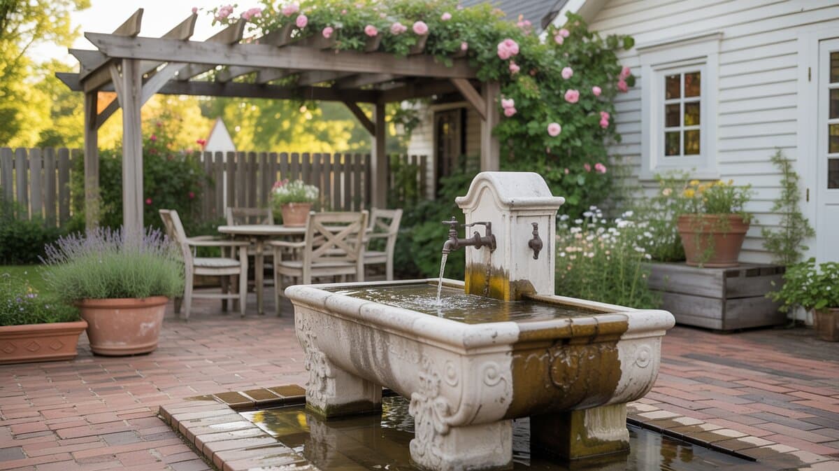 Rustic stone trough fountain on brick patio under wooden pergola with climbing roses and lavender