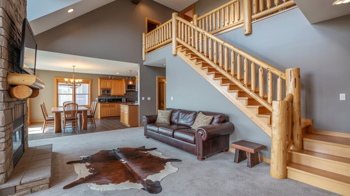 Rustic log timber stair railing in open great room with stone fireplace and vaulted ceiling