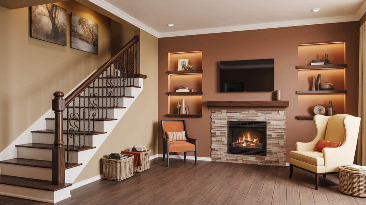 For this space, the natural wood finishes on the railing and flooring go with the earthy paint