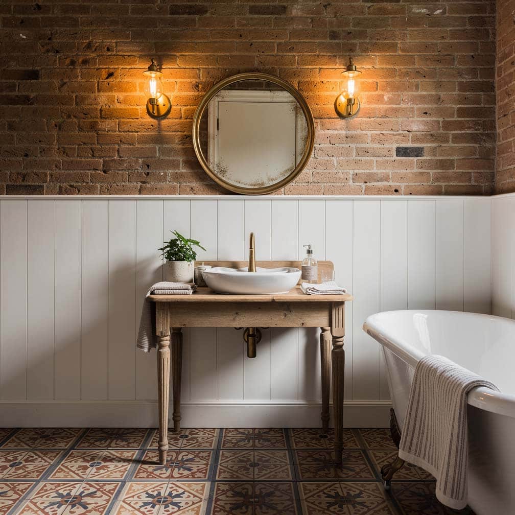 White shiplap sharing a wall with exposed original brick above vintage Spanish floor tile