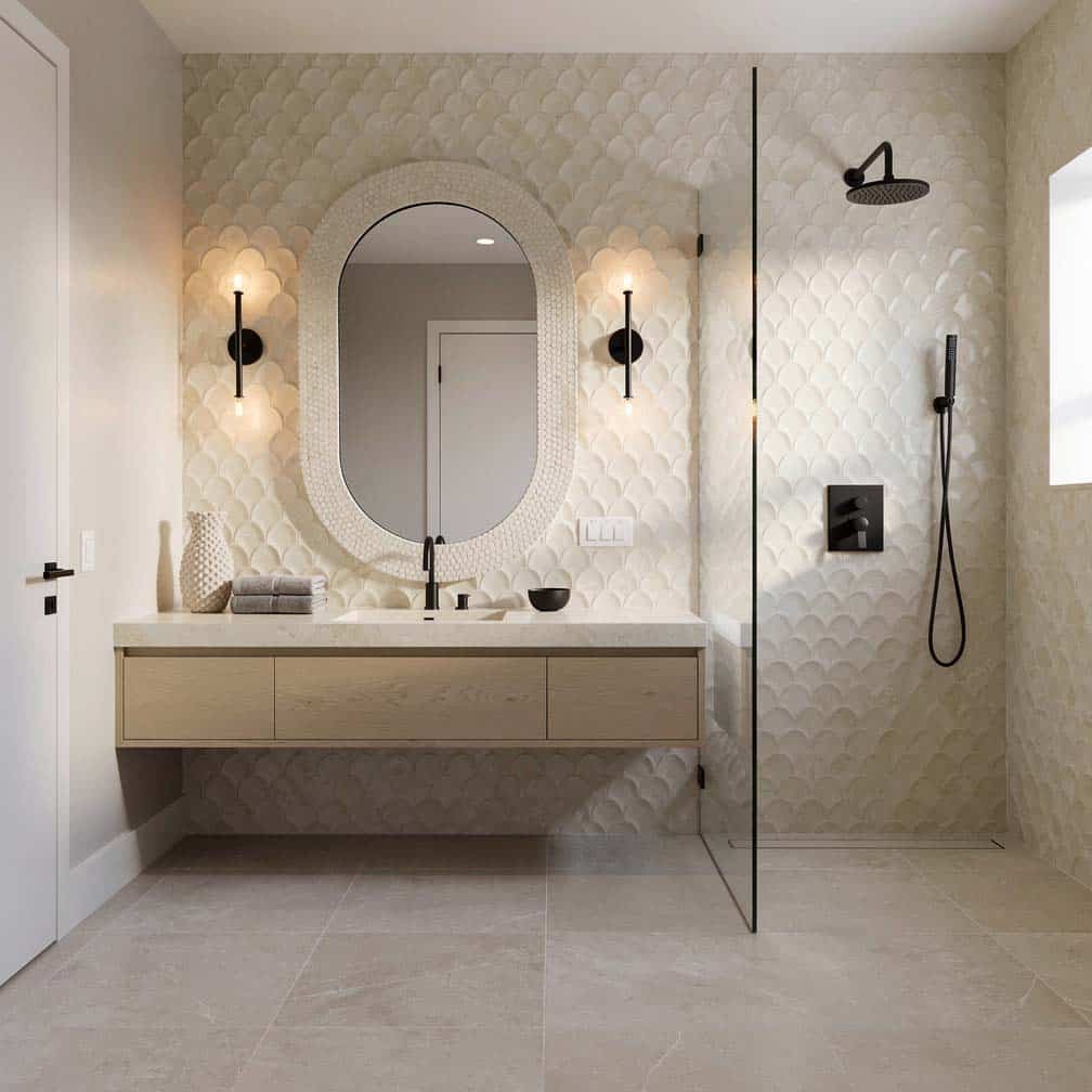 Shower with arabesque tile walls