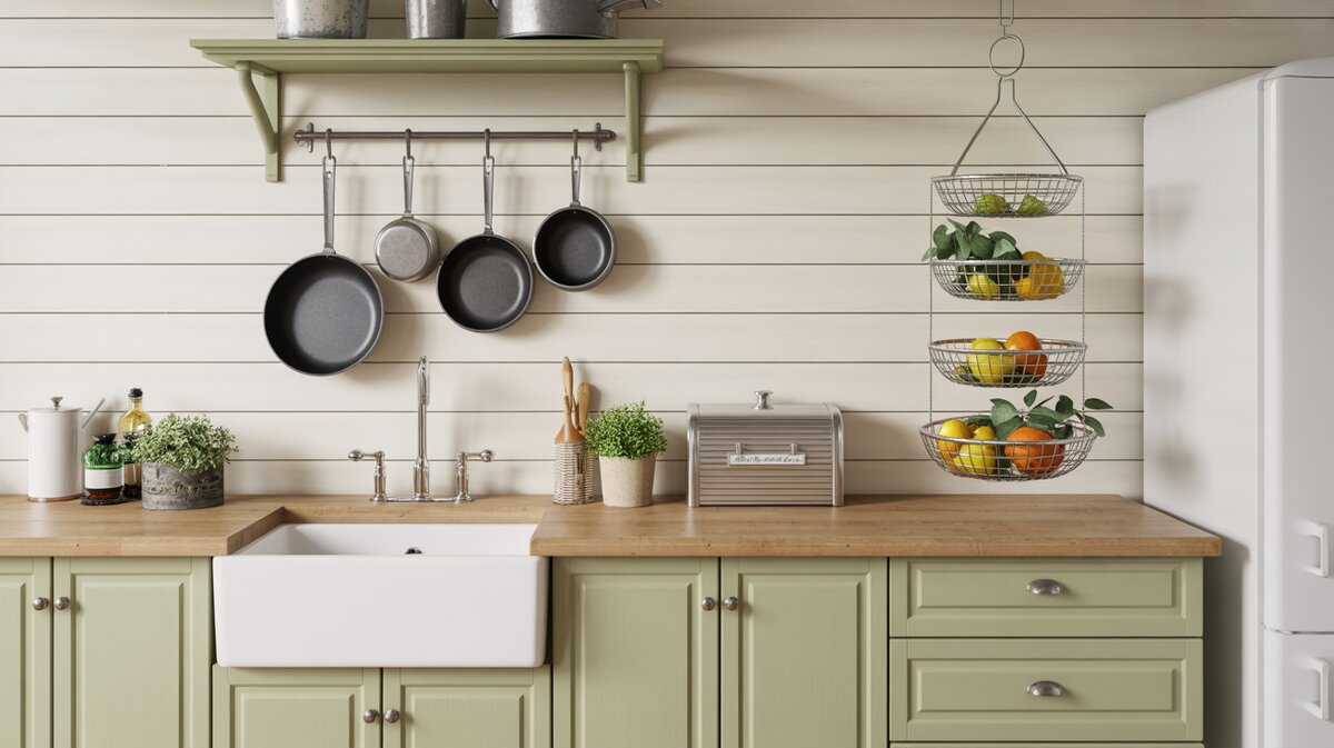 Small cottage kitchen with sage green cabinets, wall-mounted pot rack with black pans and hanging wire fruit basket