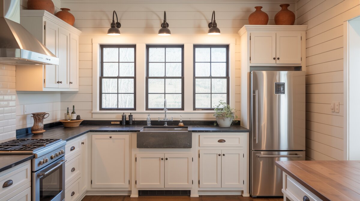 Small farmhouse kitchen with white shaker cabinets, soapstone countertops and stainless farmhouse sink under black grid windows