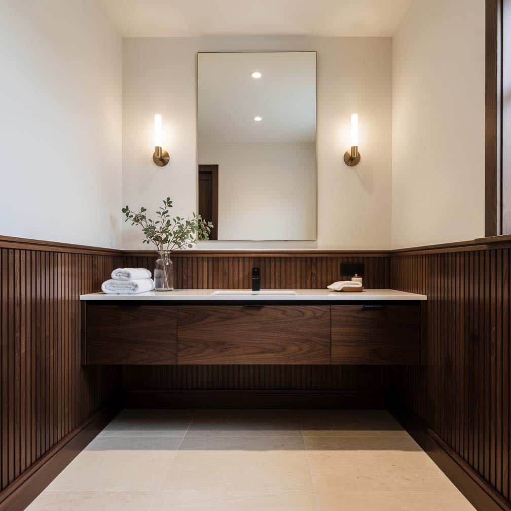 Walnut-stained narrow beadboard with a slim top molding and rich warm wood tones