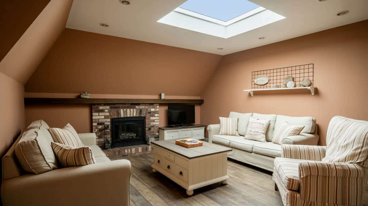 This contemporary space showcases its high ceiling with a primary