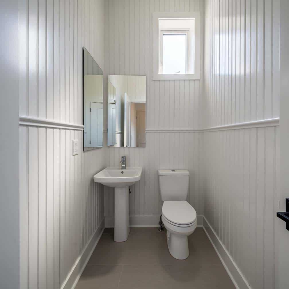 Floor-to-ceiling vertical beadboard panels making a small bathroom feel significantly taller