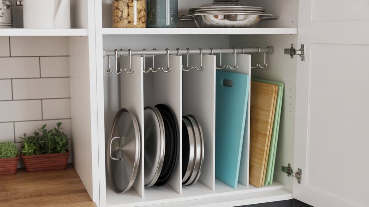 DIY tension rod dividers installed inside a kitchen cabinet to vertically organize pot lids and baking sheets