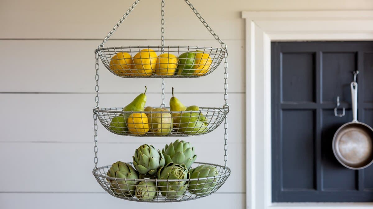 Three-tier chrome wire hanging basket filled with citrus fruits and artichokes suspended from kitchen ceiling