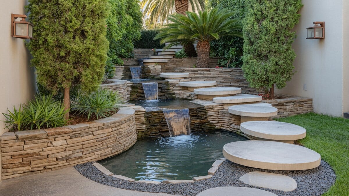 Tiered stone waterfall with round concrete stepping stones crossing over cascading water pathway