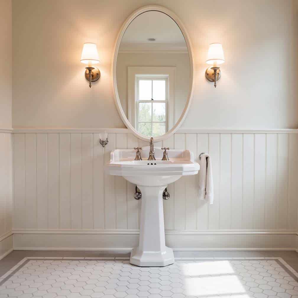 Classic bathroom with white painted wood panels on the lower half of the walls