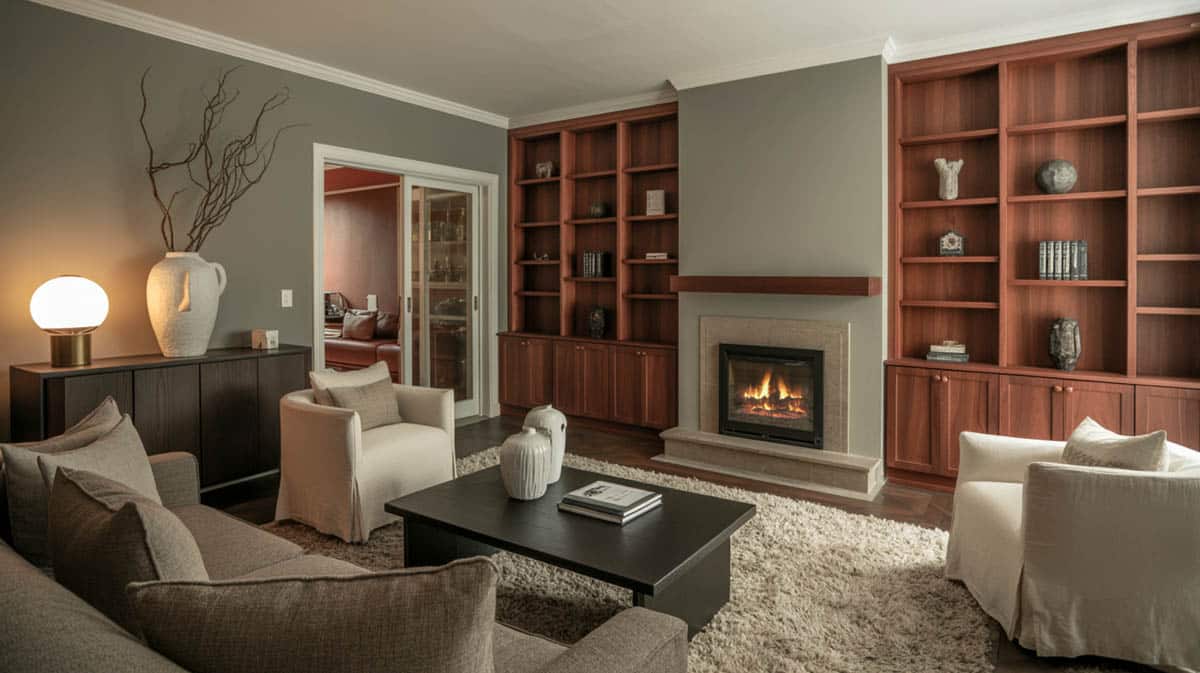 The walls of this living room are a neutral taupe shade to